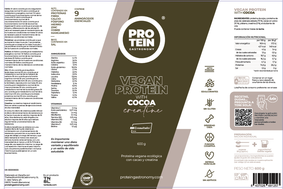Proteína Vegana con Cacao, Plátano 100% y Creatina